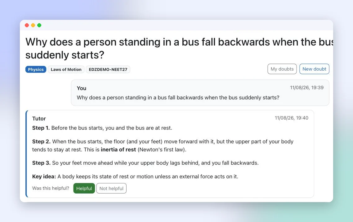 AI doubt solver conversation with a step-by-step answer and a key idea about inertia of rest
