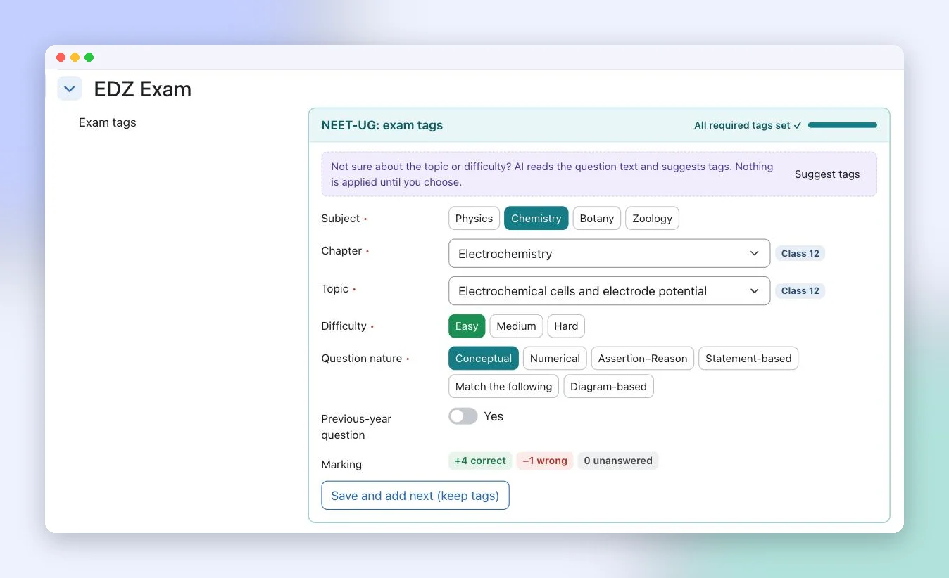 EDZ Exam tagging panel inside the Moodle question form with subject, chapter, topic, difficulty and question nature