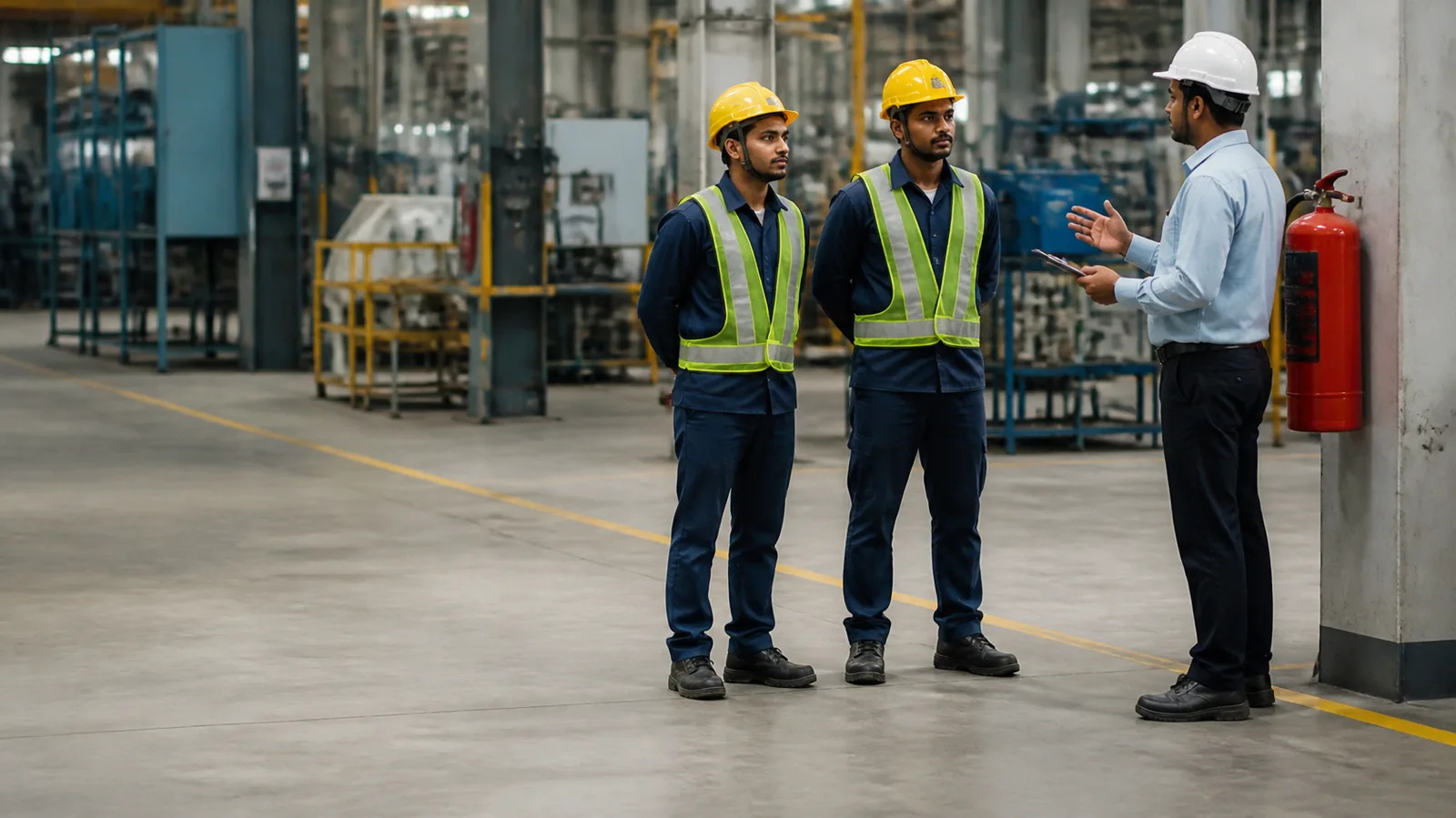 Two plant workers in hard hats and safety vests listen to a supervisor beside a fire extinguisher on an Indian factory floor