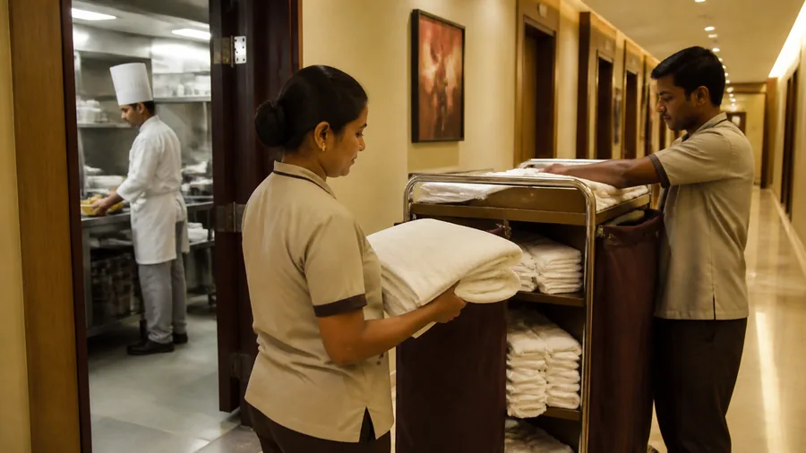 Hotel housekeeping staff folding linen at a trolley in a back-of-house corridor, a chef in the kitchen behind