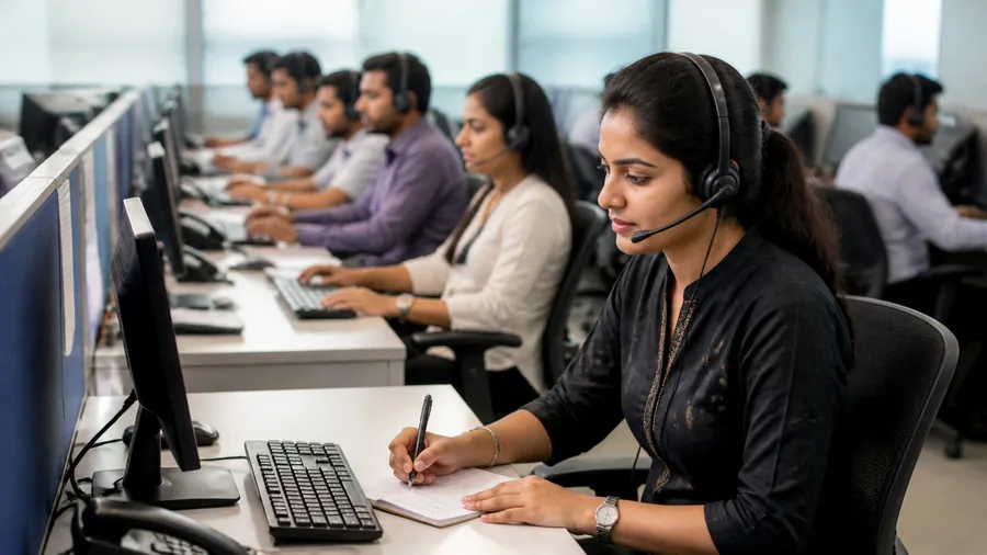 Young callers wearing headsets at their desks on an insurance tele-sales floor