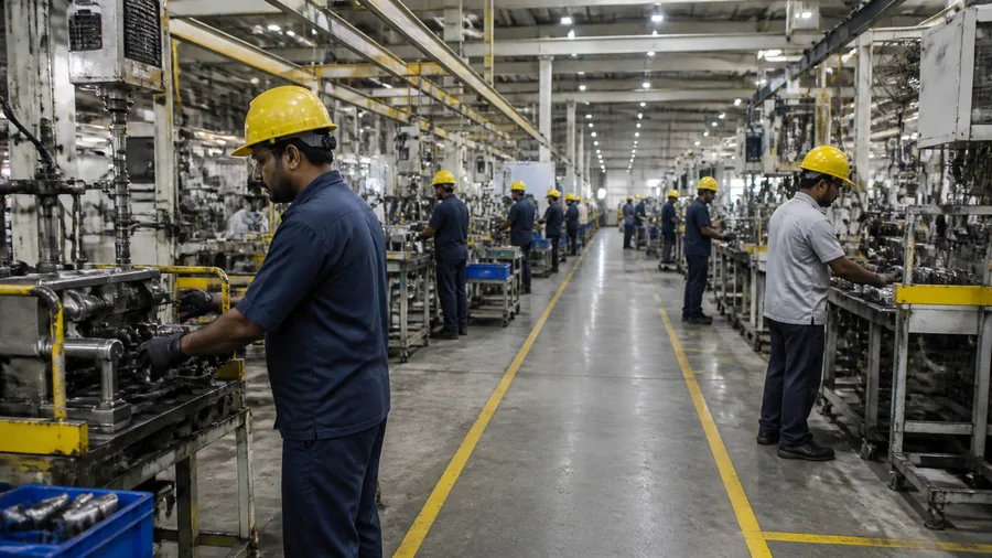 Operators in hard hats working at assembly machines on an Indian plant floor
