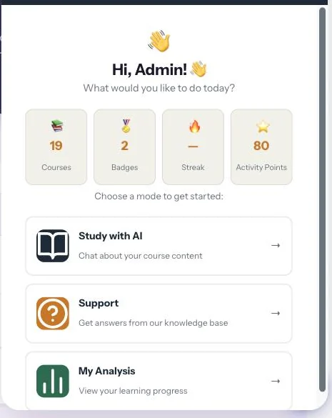 The three assistant modes in the LMS: Study with AI, Support and My Analysis