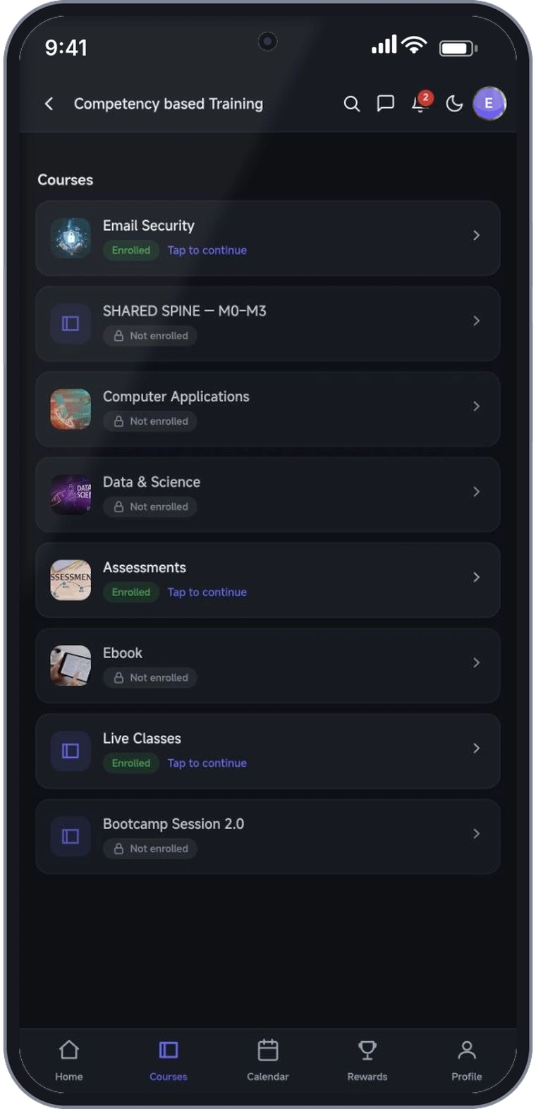 Mobile learning app course catalogue showing enrolled and locked courses