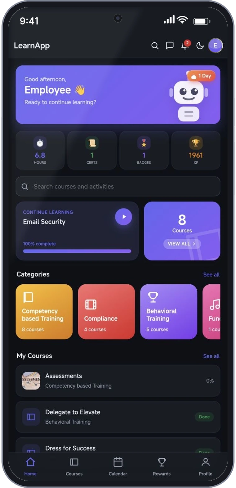 Mobile learning app home screen with streak, XP, continue learning and course categories