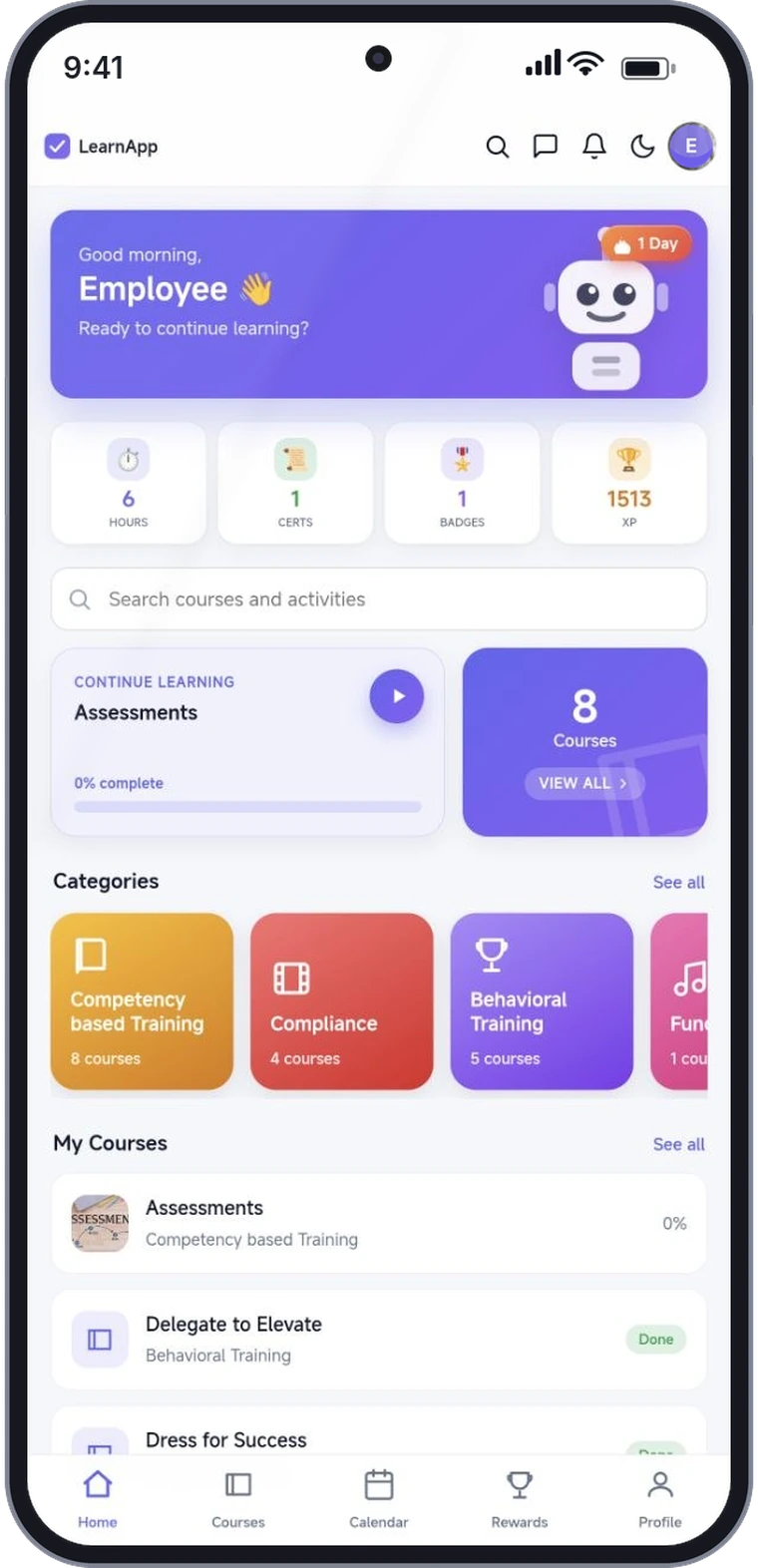 White-label learning app home screen in light mode