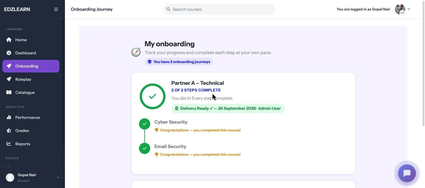 A partner learner's My Onboarding page showing Partner A – Technical complete with a Delivery Ready badge, date and signer