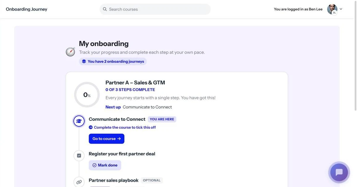 My Onboarding page showing two journeys and the next step