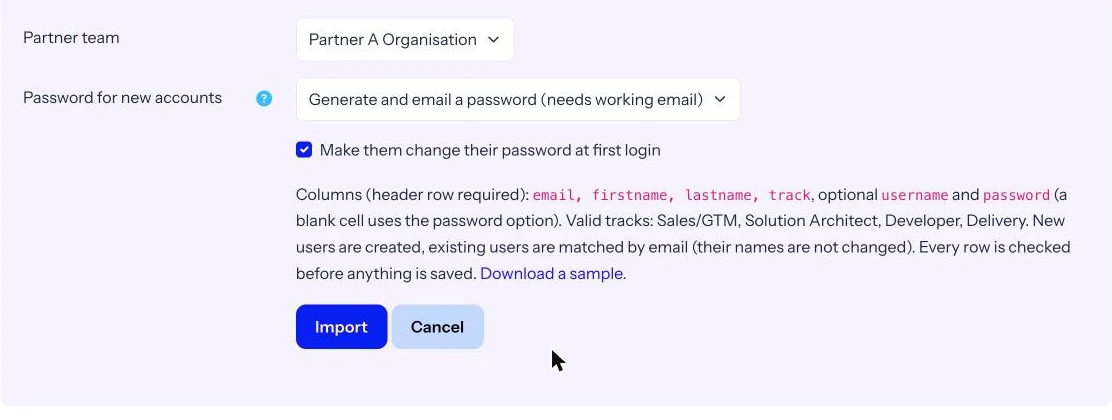 Nomination CSV import form with partner team and password options