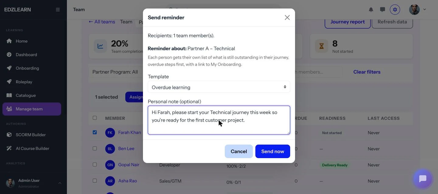 Send reminder dialog with the journey, template and a personal note