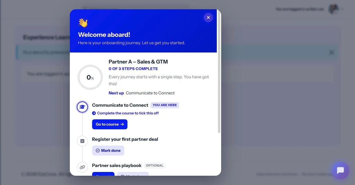 Welcome pop-up showing the Partner A Sales and GTM journey with progress ring and next step